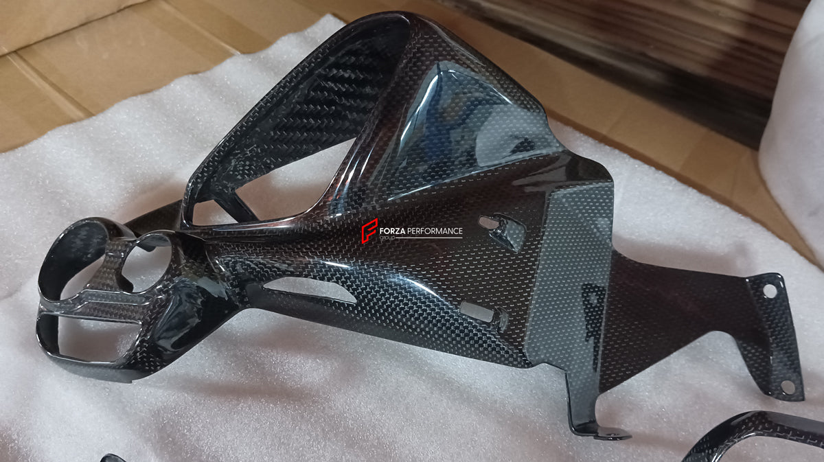 FORZA DRY CARBON INTERIOR KIT for FERRARI 488 GTB, SPIDER  Set includes:  Door Sills Air Conditioning Trims Glove Box Panel Shift Paddles Air Conditioning Control Palnel Center Console Bridge Inner Door Panels