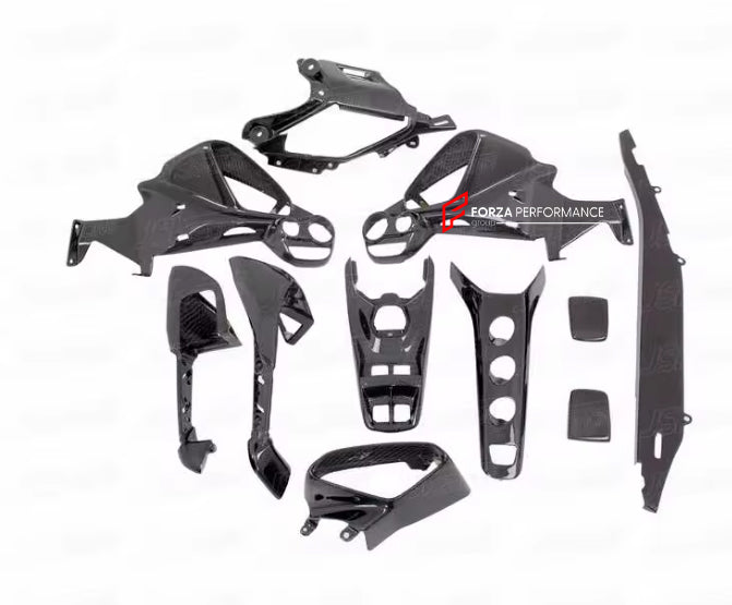 FORZA DRY CARBON INTERIOR KIT for FERRARI 488 GTB, SPIDER  Set includes:  Door Sills Air Conditioning Trims Glove Box Panel Shift Paddles Air Conditioning Control Panel Center Console Bridge Inner Door Panels