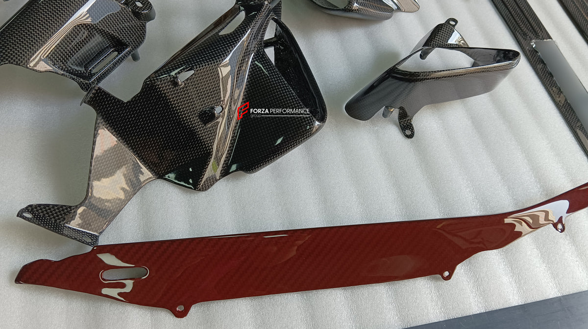FORZA DRY CARBON INTERIOR KIT for FERRARI 488 GTB, SPIDER  Set includes:  Door Sills Air Conditioning Trims Glove Box Panel Shift Paddles Air Conditioning Control Panel Center Console Bridge Inner Door Panels