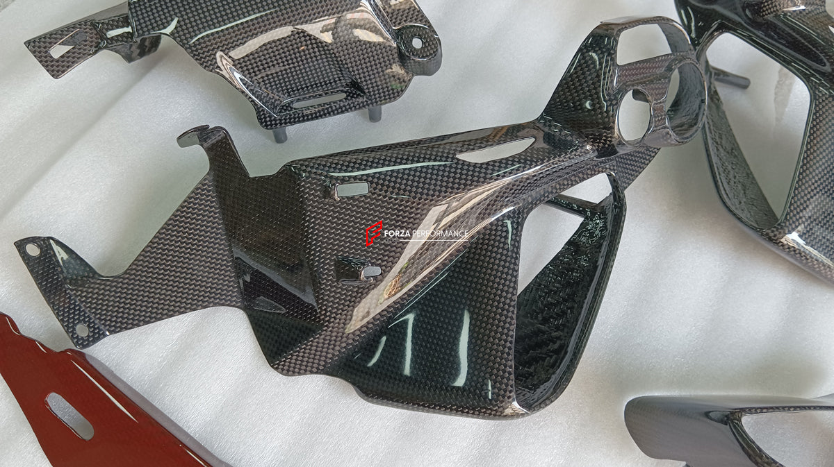 FORZA DRY CARBON INTERIOR KIT for FERRARI 488 GTB, SPIDER  Set includes:  Door Sills Air Conditioning Trims Glove Box Panel Shift Paddles Air Conditioning Control Panel Center Console Bridge Inner Door Panels
