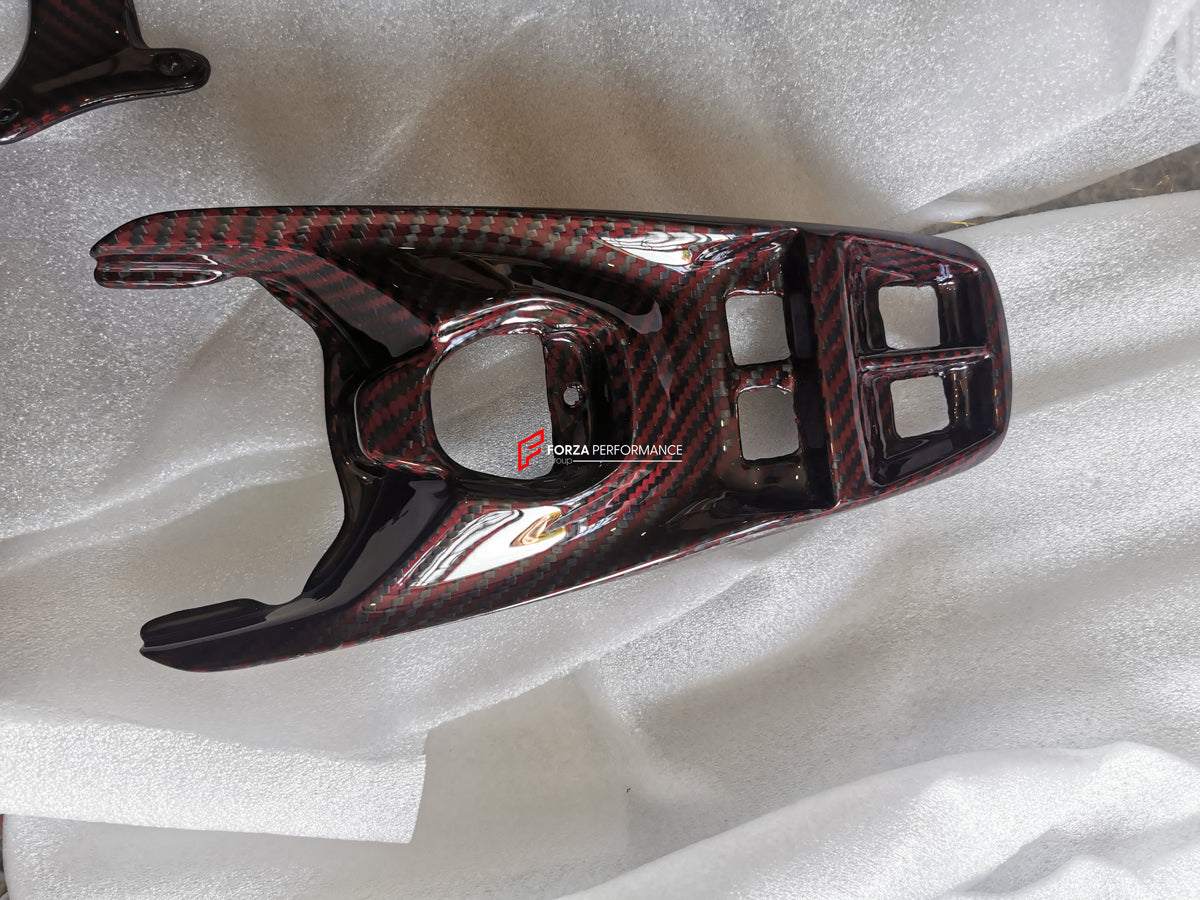 FORZA DRY CARBON INTERIOR KIT for FERRARI 488 GTB, SPIDER  Set includes:  Door Sills Air Conditioning Trims Glove Box Panel Shift Paddles Air Conditioning Control Palnel Center Console Bridge Inner Door Panels