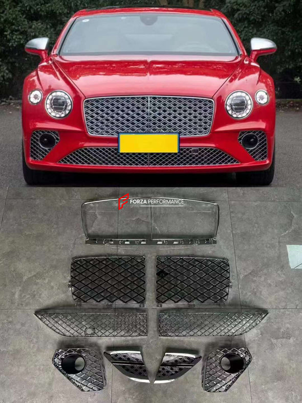 FRONT PARTS for BENTLEY CONTINENTAL GT 2017+  Set includes:  Front Bumper (3SD 807 437) Front Grille (3SD 853 597) Front Mesh (3SD 807 683/684) Front Mesh  (3SD 807 647A) Front Mesh (3SD 807 676/675A) Front Mesh (3SD 807 676/675)