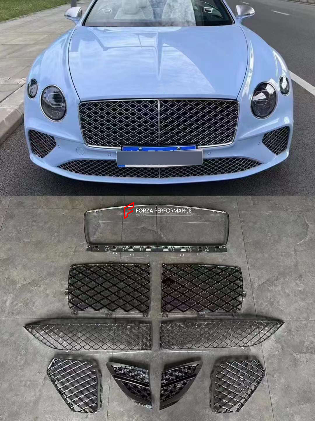 FRONT PARTS for BENTLEY CONTINENTAL GT 2017+  Set includes:  Front Bumper (3SD 807 437) Front Grille (3SD 853 597) Front Mesh (3SD 807 683/684) Front Mesh  (3SD 807 647A) Front Mesh (3SD 807 676/675A) Front Mesh (3SD 807 676/675)