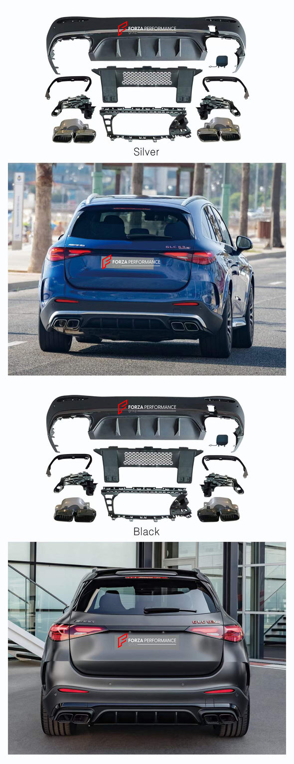 GLC63 AMG STYLE REAR DIFFUSER WITH EXHAUST TIPS for MERCEDES-BENZ GLC-CLASS X254 2022+  Set includes:  Rear Diffuser Exhaust Tips