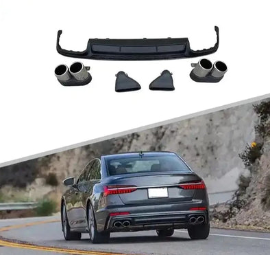 S6 STYLE REAR DIFFUSER WITH EXHAUST TIPS for AUDI A6 C8 SALOON 2018 - 2023  Set includes:  Rear Diffuser Exhaust Tips