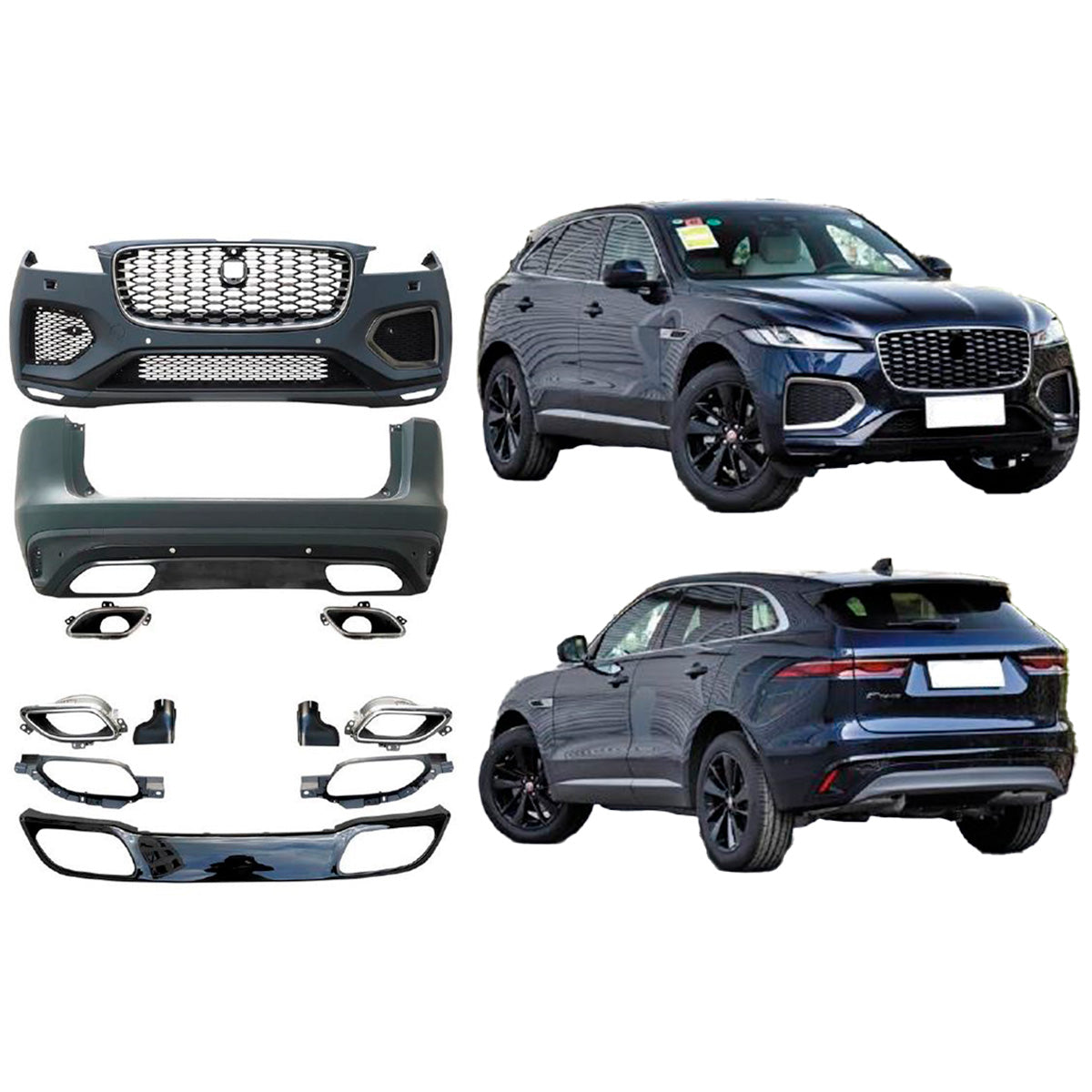 BODY KIT for JAGUAR F-PACE 2020

Set includes:

Front Bumper
Front Grille
Rear Bumper
Exhaust Tips

Material: PP+ABS

NOTE: Professional installation is required.
