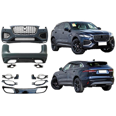 BODY KIT for JAGUAR F-PACE 2020

Set includes:

Front Bumper
Front Grille
Rear Bumper
Exhaust Tips

Material: PP+ABS

NOTE: Professional installation is required.