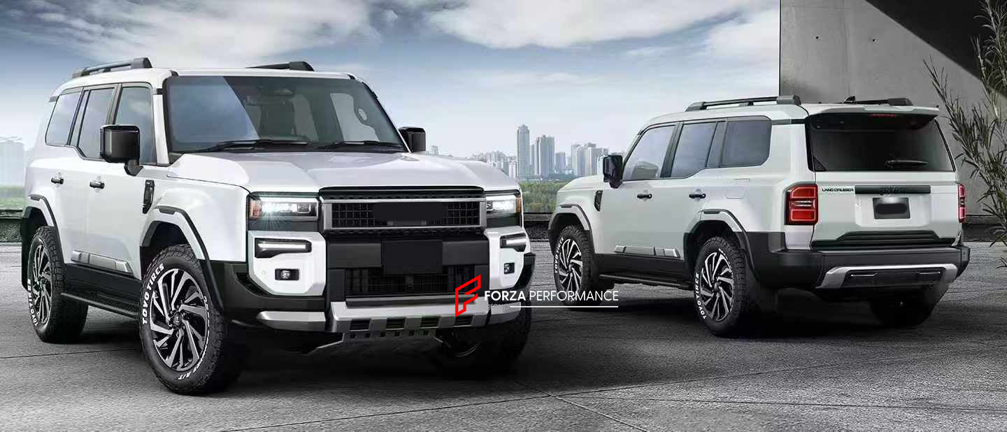 BODY KIT for TOYOTA LAND CRUISER 250 LC 250 2024

Set includes:

Front Bumper Fog Light Trims
Front Skid Plate
Side Fender Trims
Side Door Trims
Roof Spoiler
Rear Trunk Trim
Rear Bumper Step Guard

Material: Plastic

Note: Professional installation is required.