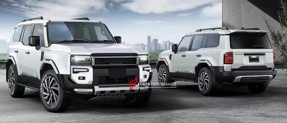 BODY KIT for TOYOTA LAND CRUISER 250 LC 250 2024

Set includes:

Front Bumper Fog Light Trims
Front Skid Plate
Side Fender Trims
Side Door Trims
Roof Spoiler
Rear Trunk Trim
Rear Bumper Step Guard

Material: Plastic

Note: Professional installation is required.