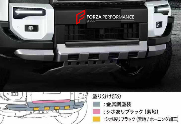 BODY KIT for TOYOTA LAND CRUISER 250 LC 250 2024

Set includes:

Front Bumper Fog Light Trims
Front Skid Plate
Side Fender Trims
Side Door Trims
Roof Spoiler
Rear Trunk Trim
Rear Bumper Step Guard

Material: Plastic

Note: Professional installation is required.