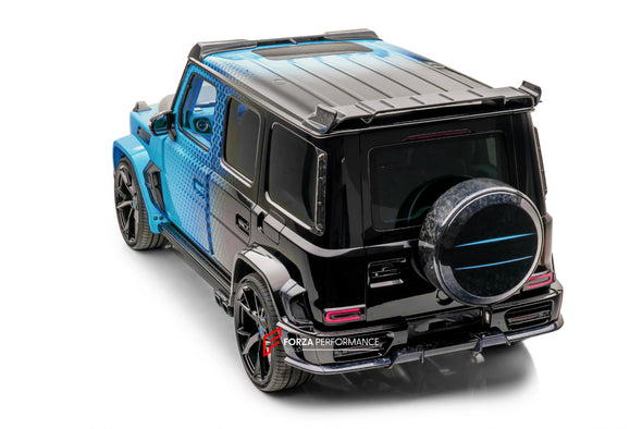 DRY CARBON FIBER WIDE BODY KIT for MERCEDES-BENZ G-CLASS W463A W464 G63 2018+  Set includes:  Hood Turn Lights Trims Engine Cover Side Fenders Exhaust Tips Roof Spoiler Roof LED DRL Bar Spare Tire Cover Side Mirrors