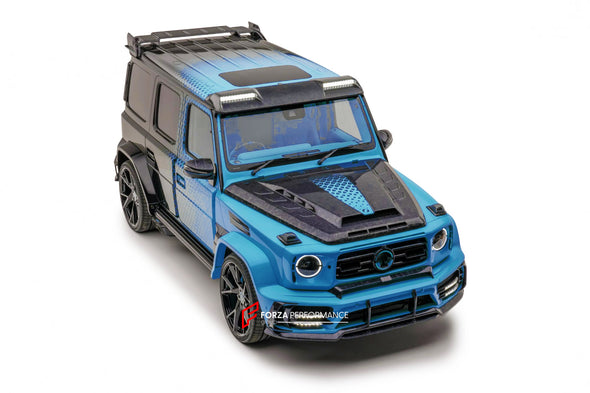 DRY CARBON FIBER WIDE BODY KIT for MERCEDES-BENZ G-CLASS W463A W464 G63 2018+  Set includes:  Hood Turn Lights Trims Engine Cover Side Fenders Exhaust Tips Roof Spoiler Roof LED DRL Bar Spare Tire Cover Side Mirrors
