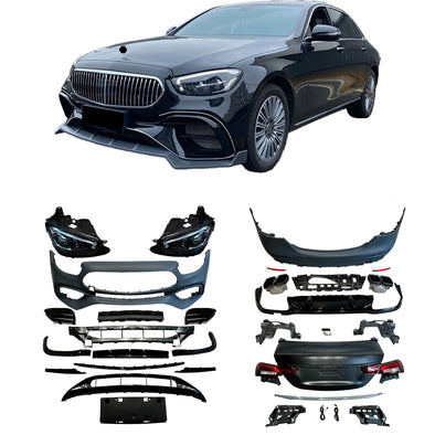 CONVERSION BODY KIT for MERCEDES-BENZ E-CLASS W213 2015 - 2019 UPGRADE to W213 E63S FACELIFT 2020+&nbsp;

Set includes:

Front Bumper with Air Vents
Front Lip
Front Headlights
Front Grille
Rear Bumper
Rear Diffuser
Rear Spoiler Wing
Rear Lights

Rear Trunk

Exhaust Еips

Material:&nbsp;Hood and Fenders aluminium, other is Plastic&nbsp;

NOTE: Professional installation is required. Can change Front Grille to Maybach Grille or W223 Grille