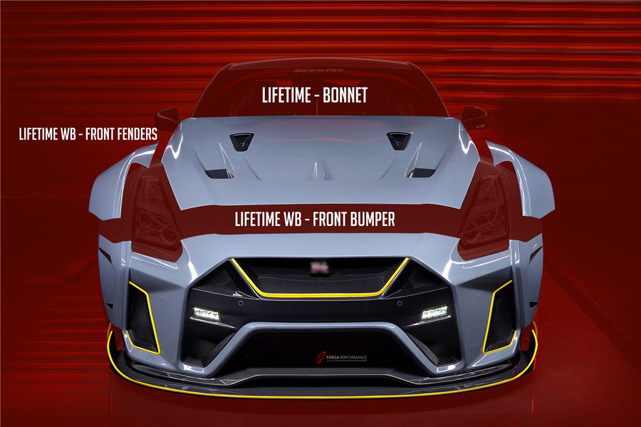 AUTHENTIC DARWINPRO BKSSII STYLE CARBON WIDE BODY KIT for NISSAN GT-R R35 2008 - 2020  Set includes:  Front Bumper Front Bumper Wide Body Caps Side Skirts Rear Bumper Rear Bumper Wide Body Caps Wide Front Fenders Wide Rear Fender Flares Hood Wheel Well Guard