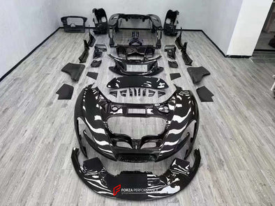 P1 STYLE DRY CARBON BODY KIT for MCLAREN 650S 2014 - 2017  Set includes:  Front Lip Front Bumper Body Panel Side Skirts Rear Quarter Body Panel Engine Cover Panel Rear Spoiler Rear Bumper Rear Diffuser Exhaust System