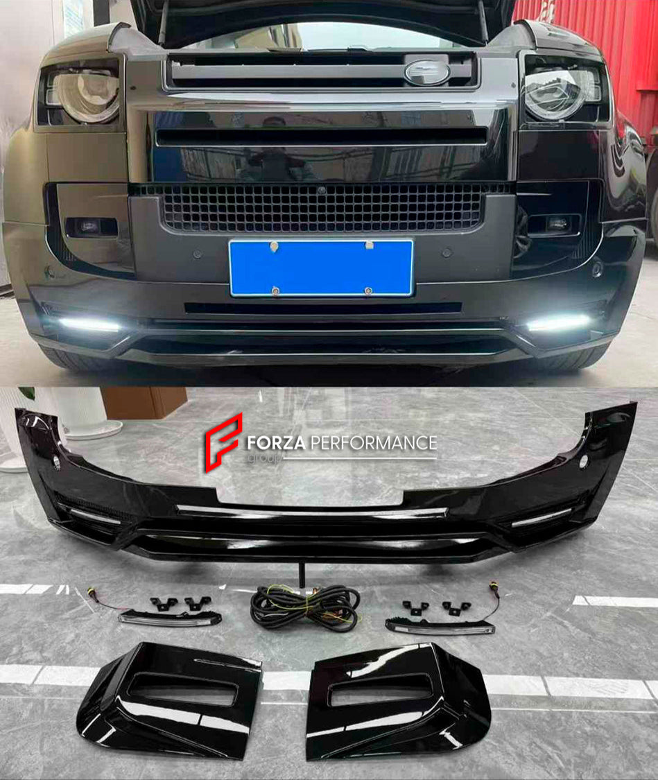 PARTS for LAND ROVER DEFENDER L663 2019+

Set includes:

Front Lip
LED DRL Lights
Front Bumper Trims

Material: Plastic

Note: Professional installation is required.