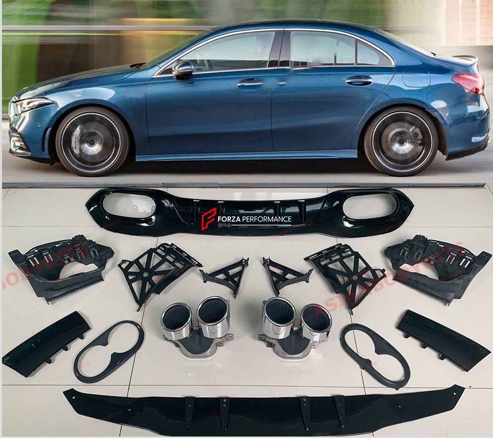 REAR DIFFUSER with QUAD MUFFLER TIPS for MERCEDES BENZ A CLASS W177 A35 AMG 2019 - 2025

Set includes:

Gloss black rear diffuser with brackets
Chrome quad muffler tips (We also have black muffler tips, if you need contact us. By default we will send chrome tips)

Material: Plastic PP and stainless steel

Fitment: Fits only AMG package/sport rear bumper. If you have a rear bumper protection plate need to remove it

Note: Professional installation is required

WILL NOT FIT Exclusive rear bumper

WILL NOT WOR