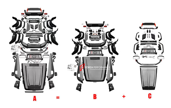 ROCKET STYLE CONVERSION CARBON BODY KIT for MERCEDES-BENZ G-CLASS G63 G550 1990 - 2017 to W464 2018 - 2023  Set includes:  Front Lip Front Grille Headlights Turn Lights Fender Flares Side Mirror Covers Side Trims Rear Diffuser Rear Spoiler Roof Spoiler Tail Lights Exhaust Tips