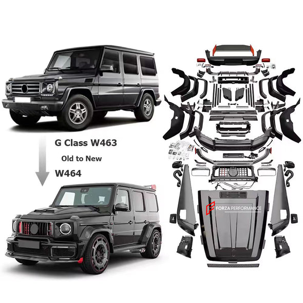 CONVERSION CARBON BODY KIT for MERCEDES-BENZ G-CLASS G63 W463 1990 - 2017 to W464 2018 - 2023  Set includes:  Front Lip Front Grille Headlights Turn Lights Fender Flares Side Mirror Covers Side Trims Rear Diffuser Rear Spoiler Roof Spoiler Tail Lights Exhaust Tips