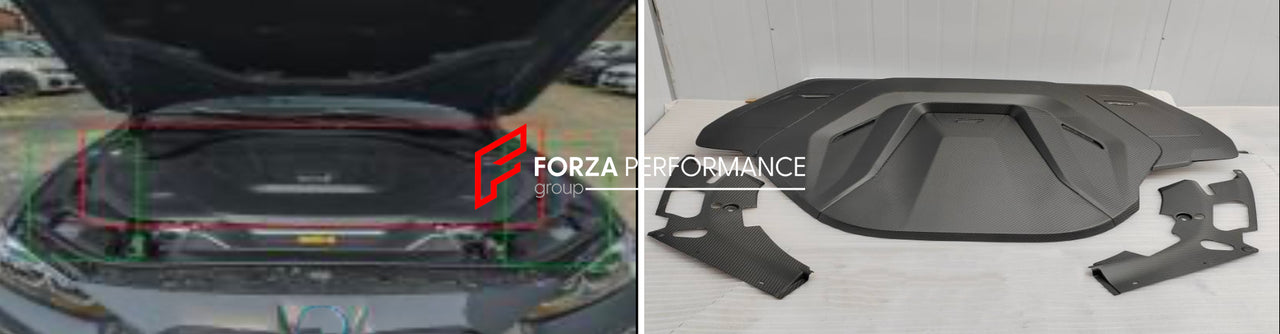 DRY CARBON BODY KIT for BMW i4 G26 2021+  Set includes:  Hood Front Grille Front Lip Side Skirts Roof Spoiler Rear Spoiler (two options) Rear Canards Rear Diffuser (with or without LED Tail Lights) Engine Cover