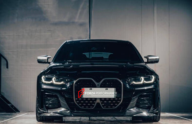 DRY CARBON BODY KIT for BMW i4 G26 2021+  Set includes:  Hood Front Grille Front Lip Side Skirts Roof Spoiler Rear Spoiler (two options) Rear Canards Rear Diffuser (with or without LED Tail Lights) Engine Cover