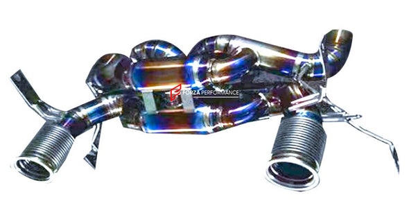 TITANIUM VALVED EXHAUST CATBACK MUFFLER for LAMBORGHINI HURACAN STO LP640-2 5.2T 2021+

Valved exhaust, meaning that has remote, controlled valves - allowing a switch between an aggressive loud sports sound and a sound that is closer to the OEM sound

Set includes:

Center Pipes
Muffler with valves
Exhaust tips