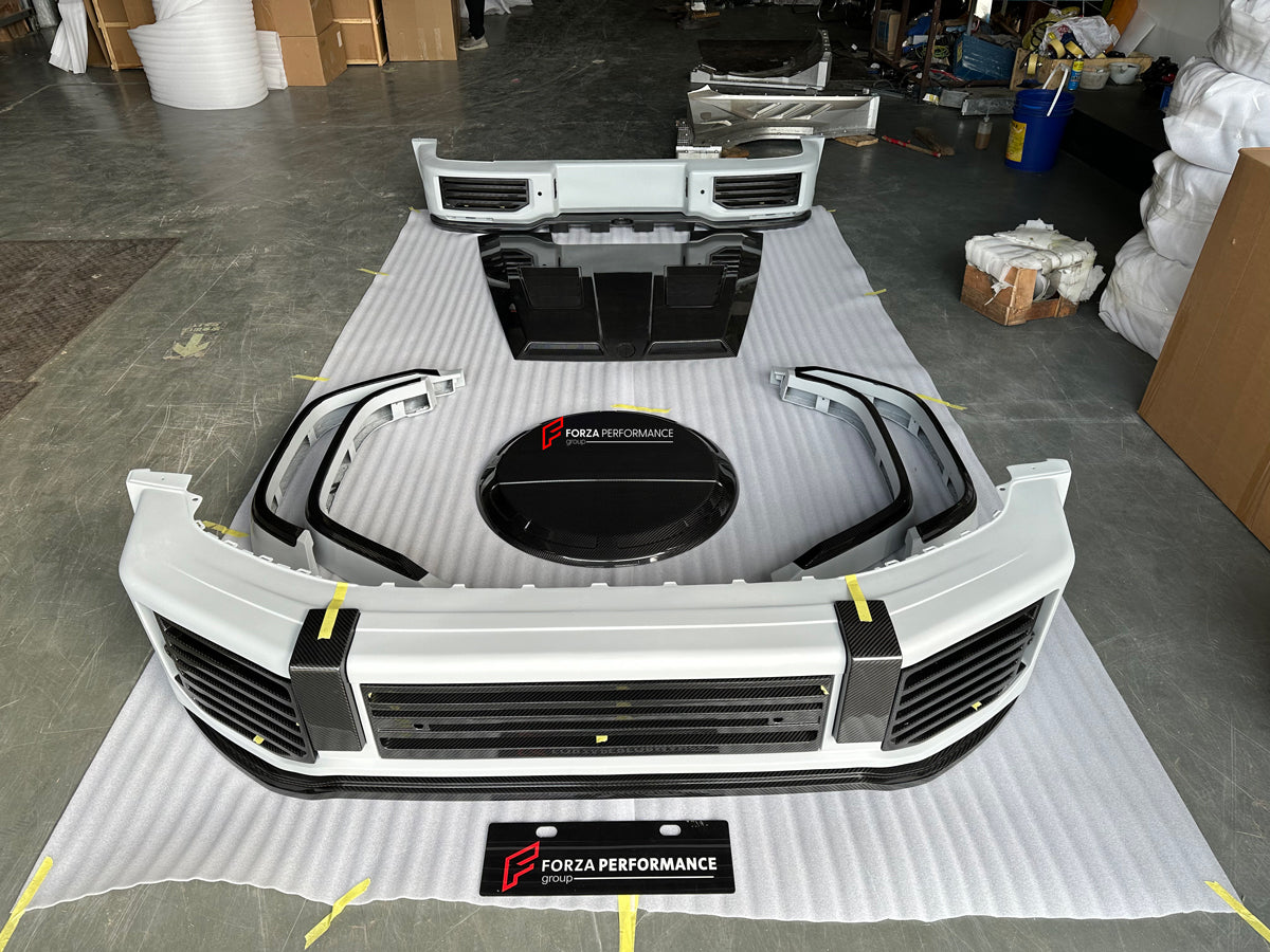BODY KIT for URBAN AUTOMOTIVE STYLE MERCEDES BENZ G-CLASS W463A W464 G63 G550 2018+
Set includes:
Front Bumper
Hood / Bonnet
Front Fender Flares
Rear Bumper
Rear Fender Flares
Spare Tire Cover
