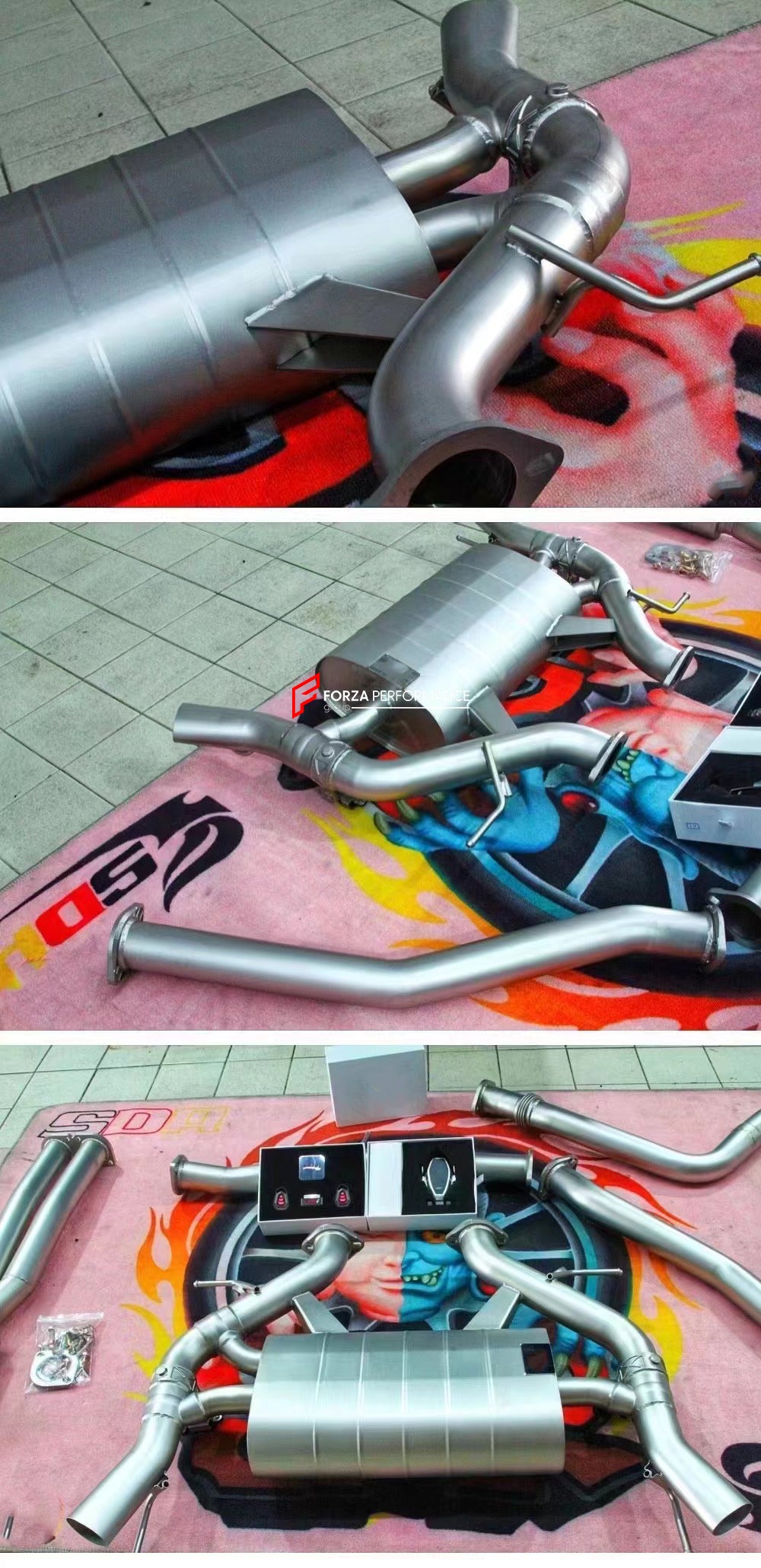 VALVED EXHAUST CATBACK MUFFLER for CADILLAC CT4 2.0T 2019+  Valved exhaust, meaning that has remote, controlled valves - allowing a switch between an aggressive loud sports sound and a sound that is closer to the OEM sound.  Set includes:  Center Pipes Muffler with valves Valve control box with remote control (you may also reuse your factory exhaust valve motors