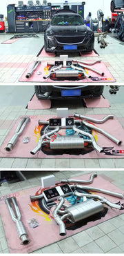 VALVED EXHAUST CATBACK MUFFLER for CADILLAC CT4 2.0T 2019+  Valved exhaust, meaning that has remote, controlled valves - allowing a switch between an aggressive loud sports sound and a sound that is closer to the OEM sound.  Set includes:  Center Pipes Muffler with valves Valve control box with remote control (you may also reuse your factory exhaust valve motors