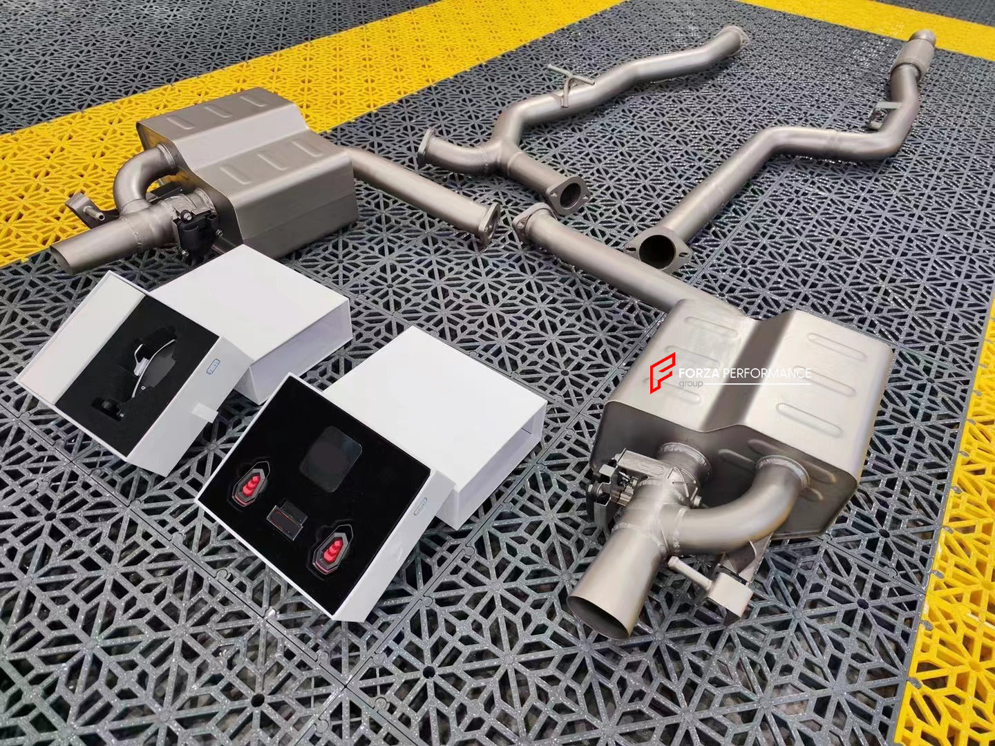 VALVED EXHAUST CATBACK MUFFLER for MERCEDES-BENZ E-CLASS W213 LCI 2.0T 2022  Set includes:  Center pipe Muffles with valves Valve control box with remote control (you may also reuse your factory exhaust valve motors Factory exhaust tips must be reused.