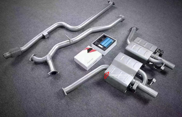 VALVED EXHAUST CATBACK MUFFLER for MERCEDES-BENZ E-CLASS W213 LCI 2.0T 2022  Set includes:  Center pipe Muffles with valves Valve control box with remote control (you may also reuse your factory exhaust valve motors Factory exhaust tips must be reused.