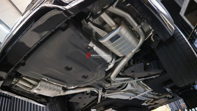 VALVED EXHAUST CATBACK MUFFLER for MERCEDES-BENZ S-CLASS W222 S450 3.0T 2014+  Valved exhaust, meaning that has remote, controlled valves - allowing a switch between an aggressive loud sports sound and a sound that is closer to the OEM sound.  Set includes:  Center Pipes Mufflers with valves Valve control box with remote control (you may also reuse your factory exhaust valve motors) Factory exhaust tips must be reused.
