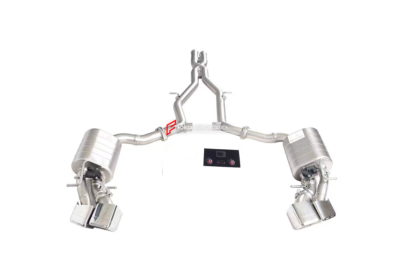 VALVED EXHAUST CATBACK MUFFLER for MERCEDES-BENZ W212 E63 AMG 4.0T 2016 - 2018  Set includes:  Center Pipes Mufflers with valves Valve control box with remote control (you may also reuse your factory exhaust valve motors)