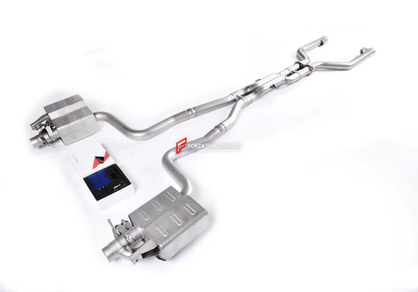 Mercedes Benz AMG W205 C205 C63 2015-2018 (Engine: 4.0T) Aggressive sporty sound VALVED EXHAUST CATBACK MUFFLER Set include: Center pipes Muffles with valves Valve control box with remote control (you may also reuse your factory exhaust valve motors) Factory exhaust tips must be reused Material: Stainless steel 