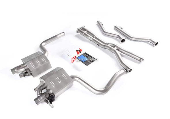 Mercedes Benz AMG W205 C205 C63 2015-2018 (Engine: 4.0T) Aggressive sporty sound VALVED EXHAUST CATBACK MUFFLER Set include: Center pipes Muffles with valves Valve control box with remote control (you may also reuse your factory exhaust valve motors) Factory exhaust tips must be reused Material: Stainless steel 