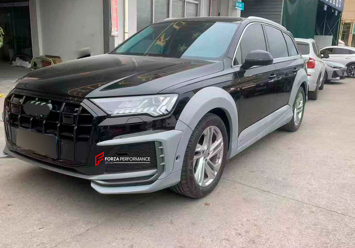 WIDE BODY KIT for AUDI Q7 4M FACELIFT 2019 - 2024

Set includes:

Front Lip Inserts
Side Skirts
Side Fenders
Rear Spoiler

Material: FRP Fiberglass

NOTE: Professional installation is required