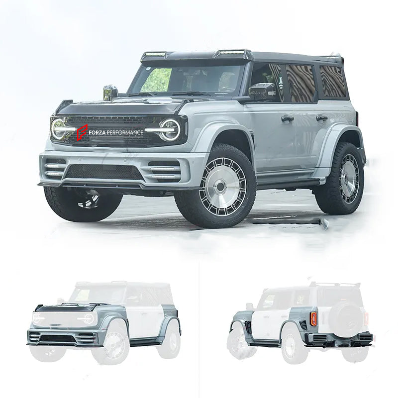 WIDE BODY KIT for FORD BRONCO 2021+
Set includes:

Front Lip&nbsp;
Front Bumper
Front Fenders
Hood / Bonnet&nbsp;
Side Skirts&nbsp;
Rear Fenders&nbsp;
Tail Lights&nbsp;
Rear Bumper&nbsp;
Rear Diffuser&nbsp;

Material: Fiberglass or Carbon Fiber&nbsp;

Note: Professional installation is required.