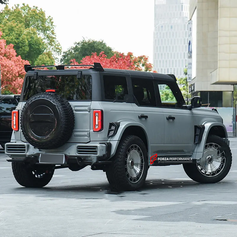 WIDE BODY KIT for FORD BRONCO 2021+

Set includes:

Front Lip&nbsp;
Front Bumper
Front Fenders
Hood / Bonnet&nbsp;
Side Skirts&nbsp;
Rear Fenders&nbsp;
Tail Lights&nbsp;
Rear Bumper&nbsp;
Rear Diffuser&nbsp;

Material: Fiberglass or Carbon Fiber&nbsp;

Note: Professional installation is required.