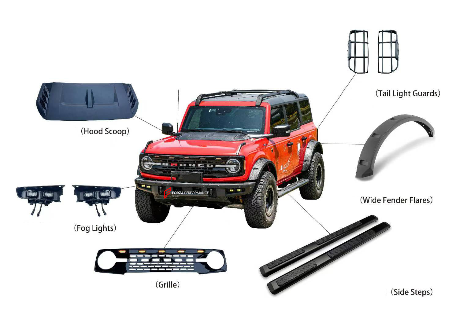WIDE BODY KIT for FORD BRONCO 2021+  Set includes:  Hood Scoop Fog Lights Front Grille Side Fenders Side Steps Tail Light Covers