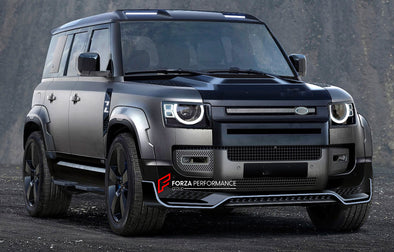 WIDE BODY KIT for LAND ROVER DEFENDER 2021+  Set includes:  Front Hood Front Lip Side Fender Side Air Vents Side Skirts Roof DRL LED Bar Roof Spoiler Rear Diffuser Exhaust Tips