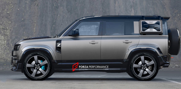 WIDE BODY KIT for LAND ROVER DEFENDER 2021+  Set includes:  Front Hood Front Lip Side Fender Side Air Vents Side Skirts Roof DRL LED Bar Roof Spoiler Rear Diffuser Exhaust Tips