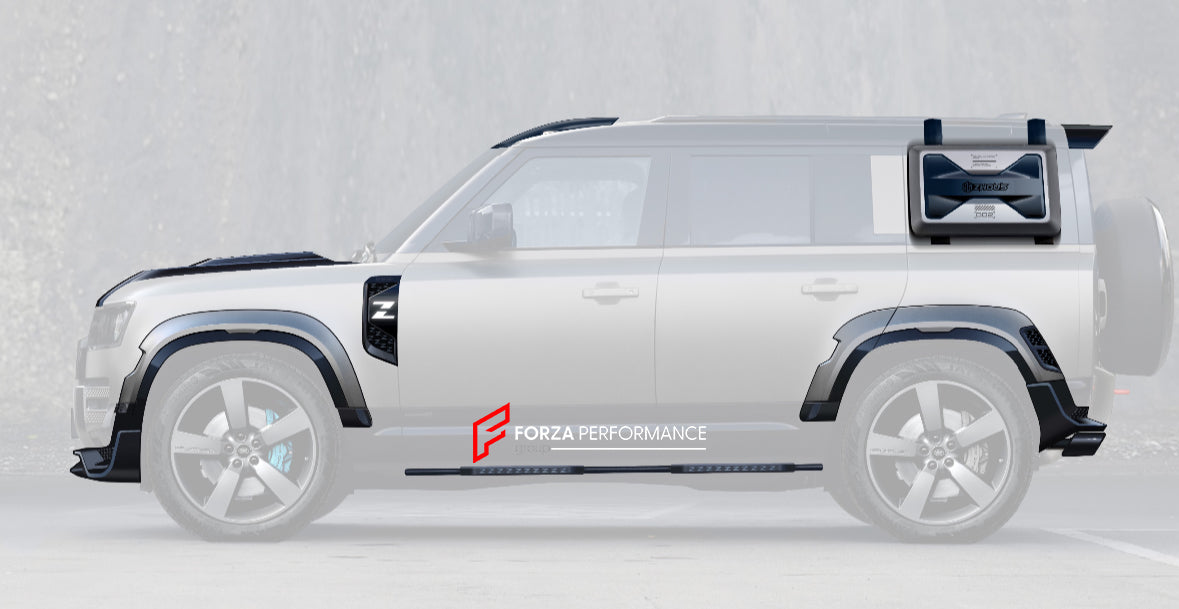 WIDE BODY KIT for LAND ROVER DEFENDER 2021+  Set includes:  Front Hood Front Lip Side Fender Side Air Vents Side Skirts Roof DRL LED Bar Roof Spoiler Rear Diffuser Exhaust Tips