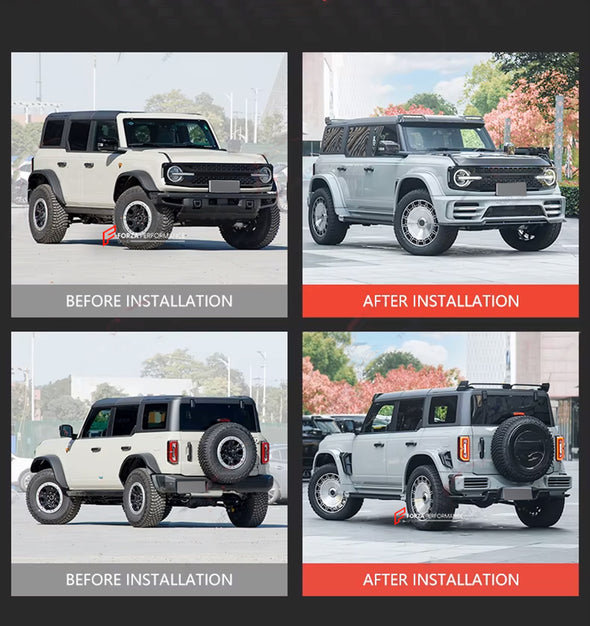 WIDE BODY KIT for FORD BRONCO 2021+

Set includes:

Front Lip&nbsp;
Front Bumper
Front Fenders
Hood / Bonnet&nbsp;
Side Skirts&nbsp;
Rear Fenders&nbsp;
Tail Lights&nbsp;
Rear Bumper&nbsp;
Rear Diffuser&nbsp;

Material: Fiberglass or Carbon Fiber&nbsp;

Note: Professional installation is required.