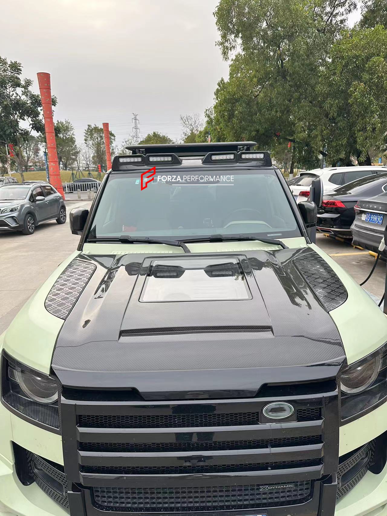 WIDE BODY KIT for LAND ROVER DEFENDER 2021+  Set includes:  Front Bumper Rear Bumper Side Fenders Side Skirts Front Grille Roof LED Bar Dry Carbon Hood with Glass Roof Spoiler Side Skirts