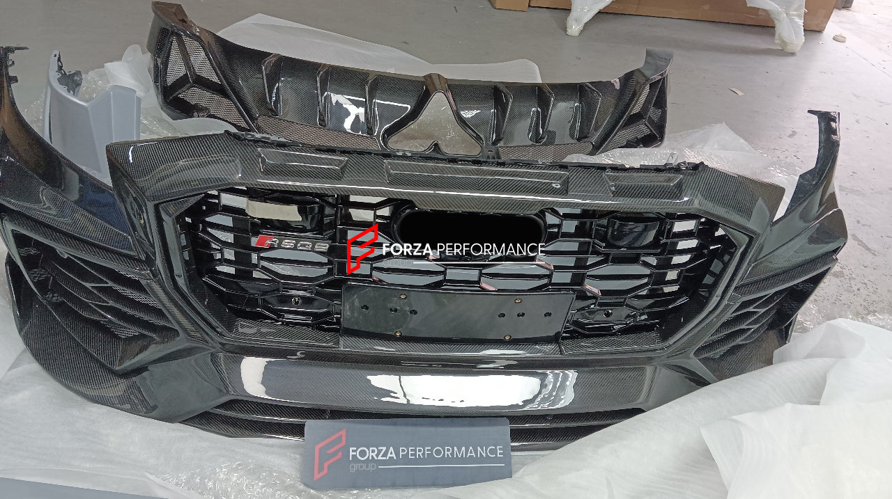 WIDE DRY CARBON BODY KIT for AUDI Q8 | RSQ8 4M 2019 - 2023 Set includes:  Front Bumper Assembly Front Bumper Canards Hood/Bonnet Front Fenders Fender Flares Side Skirts Rear Roof Spoiler Trunk Wing Spoiler Exhaust System Rear Bumper Rear Diffuser
