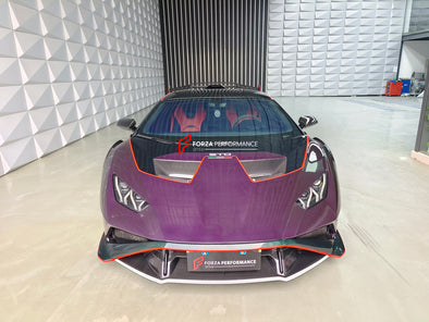 CONVERSION DRY CARBON BODY KIT for LAMBORGHINI HURACAN to HURACAN STO  Set includes: Front bumper Front hood Front hood trunk Side fenders Rear Bumper Rear Fenders Rear hood with Air intake Rear Spoiler Exhaust system Door panels (for an extra cost) Mirror cover (for an extra cost)