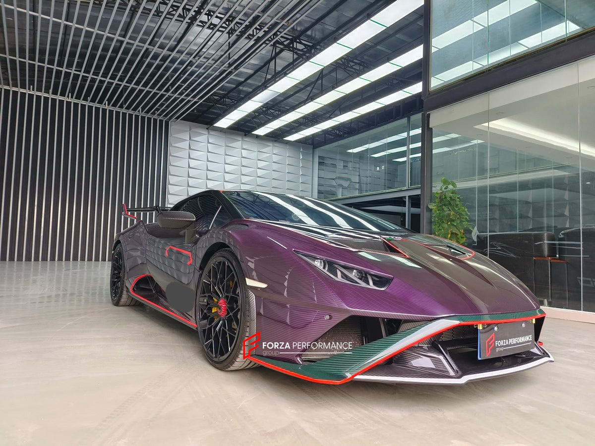 CONVERSION DRY CARBON BODY KIT for LAMBORGHINI HURACAN to HURACAN STO  Set includes: Front bumper Front hood Front hood trunk Side fenders Rear Bumper Rear Fenders Rear hood with Air intake Rear Spoiler Exhaust system Door panels (for an extra cost) Mirror cover (for an extra cost)
