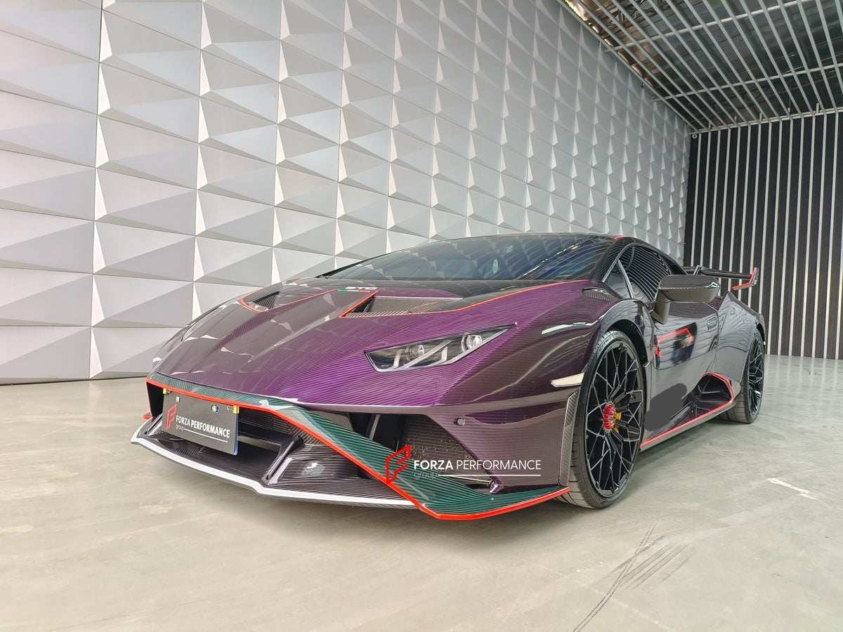 CONVERSION DRY CARBON BODY KIT for LAMBORGHINI HURACAN to HURACAN STO  Set includes: Front bumper Front hood Front hood trunk Side fenders Rear Bumper Rear Fenders Rear hood with Air intake Rear Spoiler Exhaust system Door panels (for an extra cost) Mirror cover (for an extra cost)
