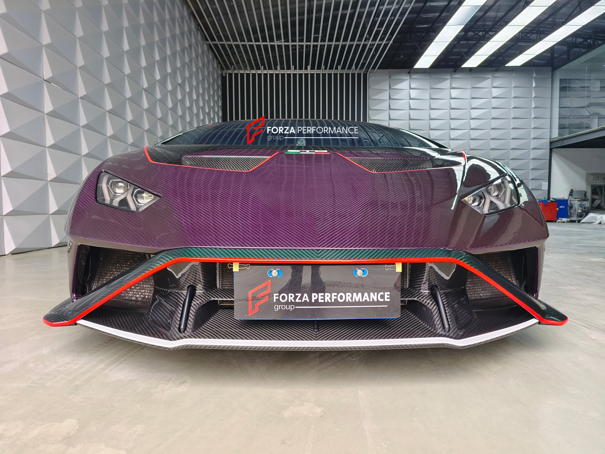 CONVERSION DRY CARBON BODY KIT for LAMBORGHINI HURACAN to HURACAN STO  Set includes: Front bumper Front hood Front hood trunk Side fenders Rear Bumper Rear Fenders Rear hood with Air intake Rear Spoiler Exhaust system Door panels (for an extra cost) Mirror cover (for an extra cost)