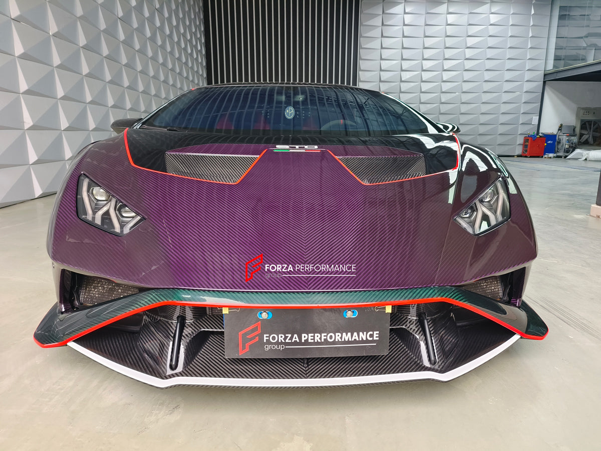 CONVERSION DRY CARBON BODY KIT for LAMBORGHINI HURACAN to HURACAN STO  Set includes: Front bumper Front hood Front hood trunk Side fenders Rear Bumper Rear Fenders Rear hood with Air intake Rear Spoiler Exhaust system Door panels (for an extra cost) Mirror cover (for an extra cost)